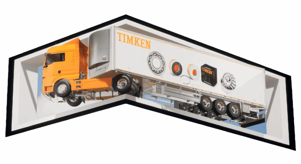 Produtos da marca aparentam saltar de um telão 3D de alta resolução em ambiente de feira ou evento.